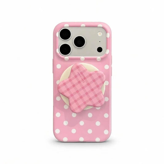 White polka dot pink phone case withgingham floral magneticstand