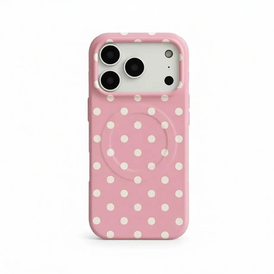 White polka dot phone case on bubblegumpinkbase