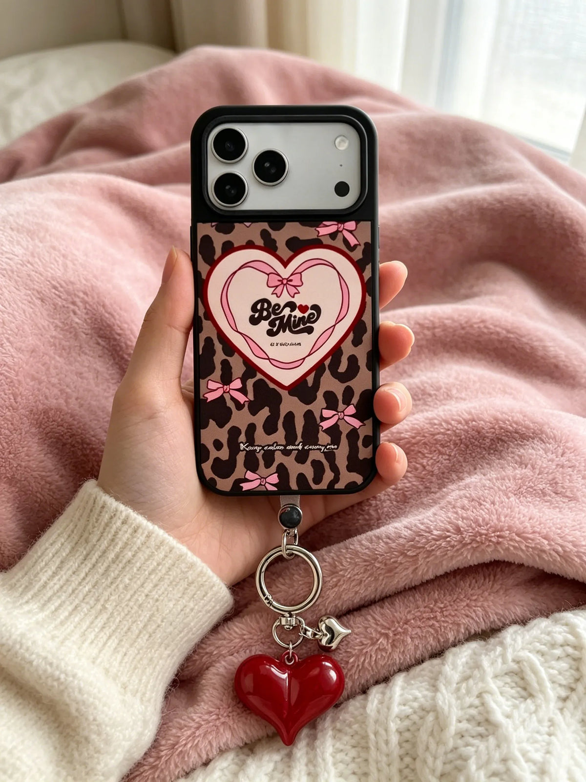 Woman holding leopard print heart phone case with red heart charm
