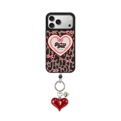 Leopard print heart phone case with red heart charm