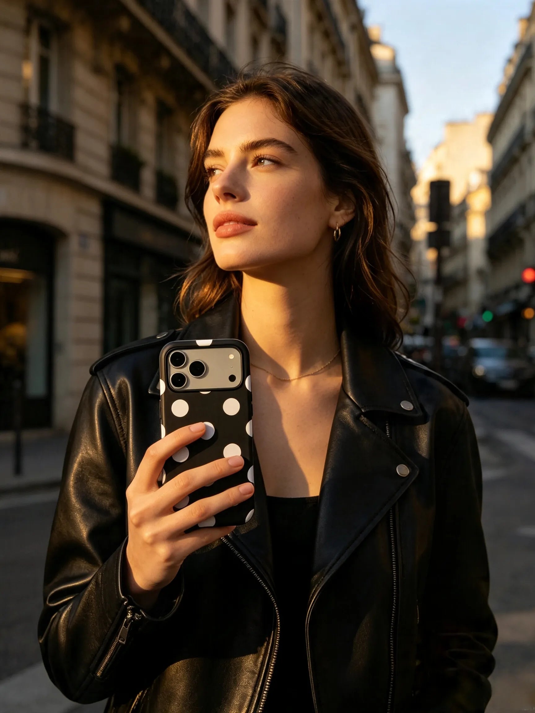 Woman holding black and white polka dot phone case in city street style outfit