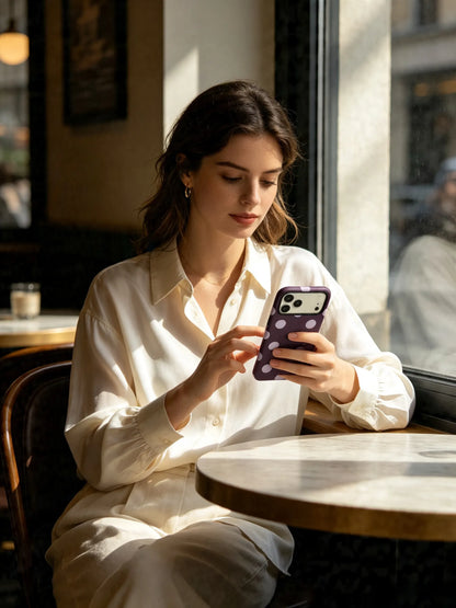 Woman using grape purple polka dot phone case at cafe table