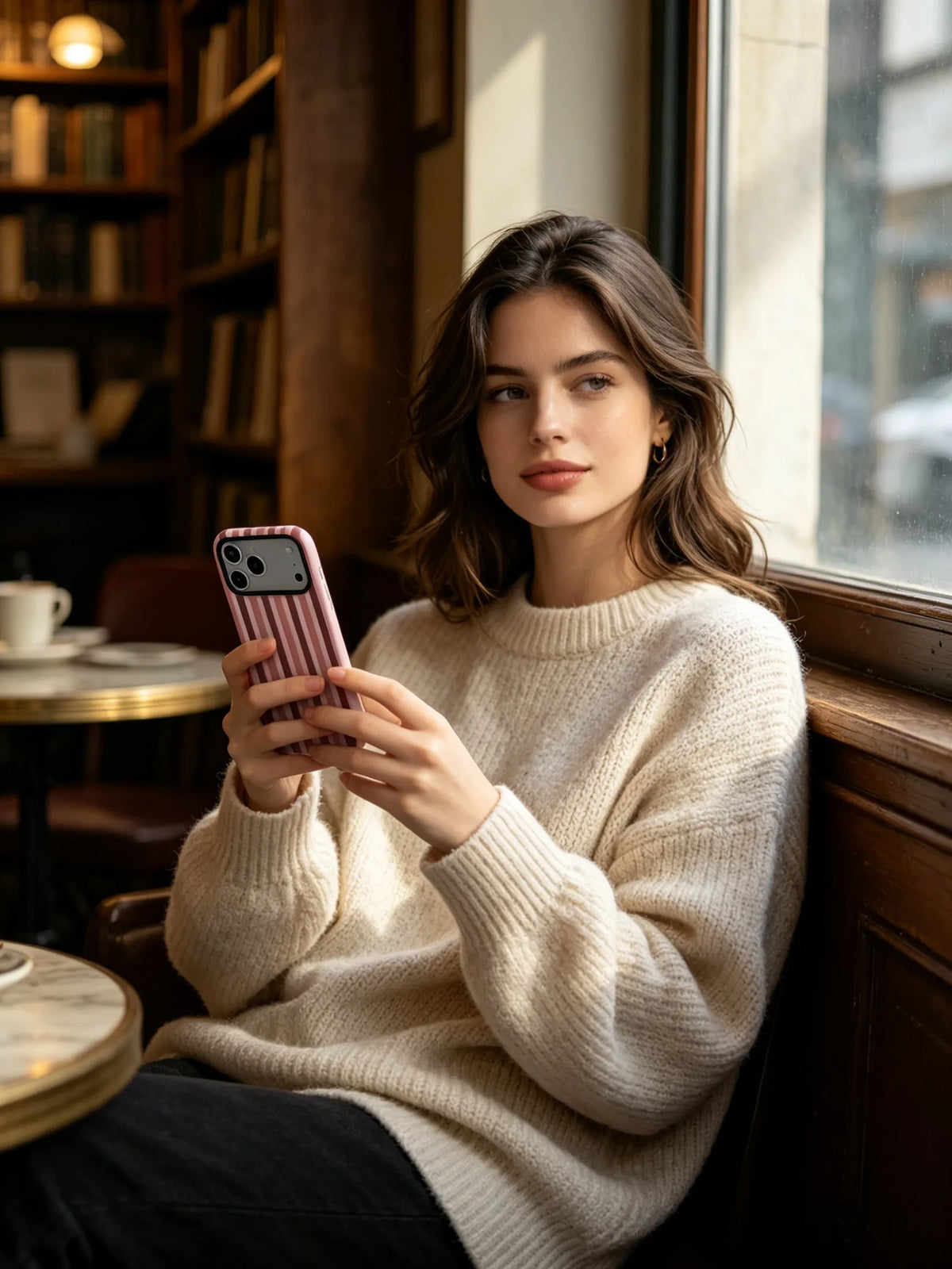 Woman holding dusty rose striped phone case by window